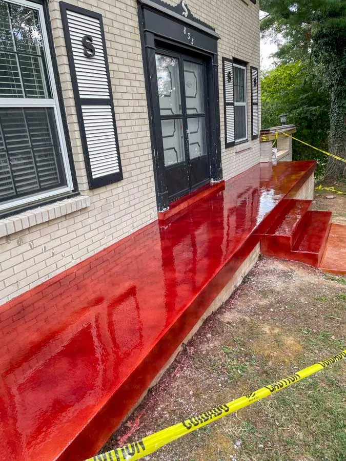Red epoxy coated outdoor steps and platform, residential epoxy flooring serving Nashville, TN